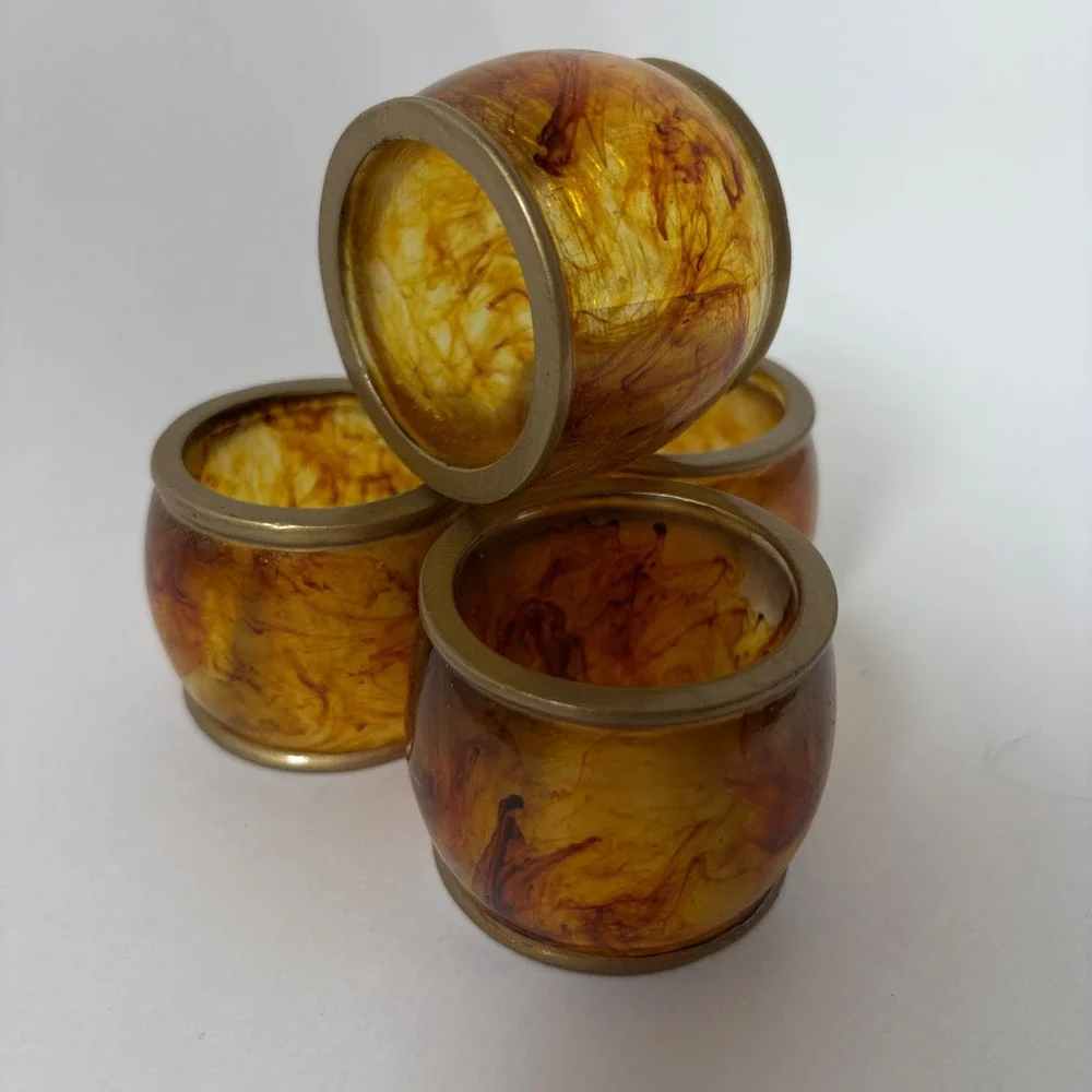 Amber Resin Napkin Rings Set of 4 Faux Tortoiseshell Gold Trim Barrel